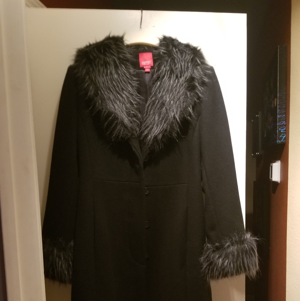 Vintage Espirit Penny Lane Black Wool Long Coat with Faux Fur
